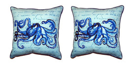 Pair of Betsy Drake Blue Script Octopus Large Pillows 18 Inch X 18 Inch - £69.98 GBP