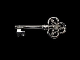 Vintage Silver Tone Skeleton Key w Clear Rhinestones Brooch Pin - $16.73