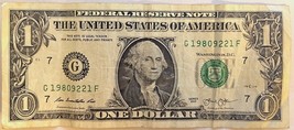 $1 One Dollar Bill 19809221, Birthday / Anniversary: September 22, 1980 - $4.99