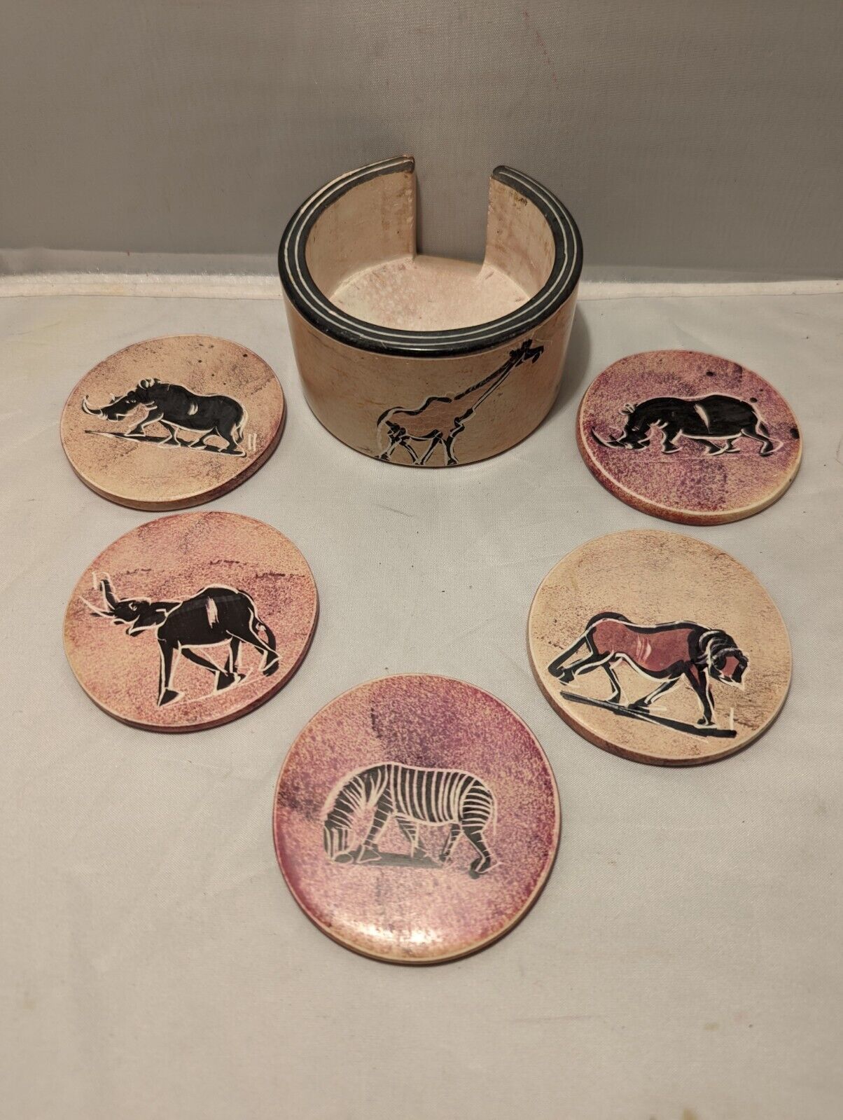 Primary image for Natural Soapstone Hand Carved Masai Artisan Coasters Africa Safari Animals Set