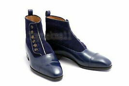 Handmade Men&#39;s Leather New Formal Button Navy Blue Ankle Cap Toe Boots-649 - £193.77 GBP