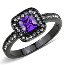 Princess Cut Purple CZ Black Halo Ring Stainless Steel TK316 - £12.78 GBP