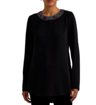 Lauren Ralph Lauren Sz 2X Womens Beaded Tunic Top Black Georgette Blouse... - $72.26