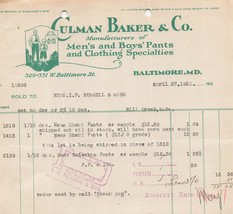 BALTIMORE MARYLAND MD~CULMAN BAKER &amp; CO-MEN&#39;S &amp; BOY&#39;S CLOTHING~1922 BILL... - $5.89