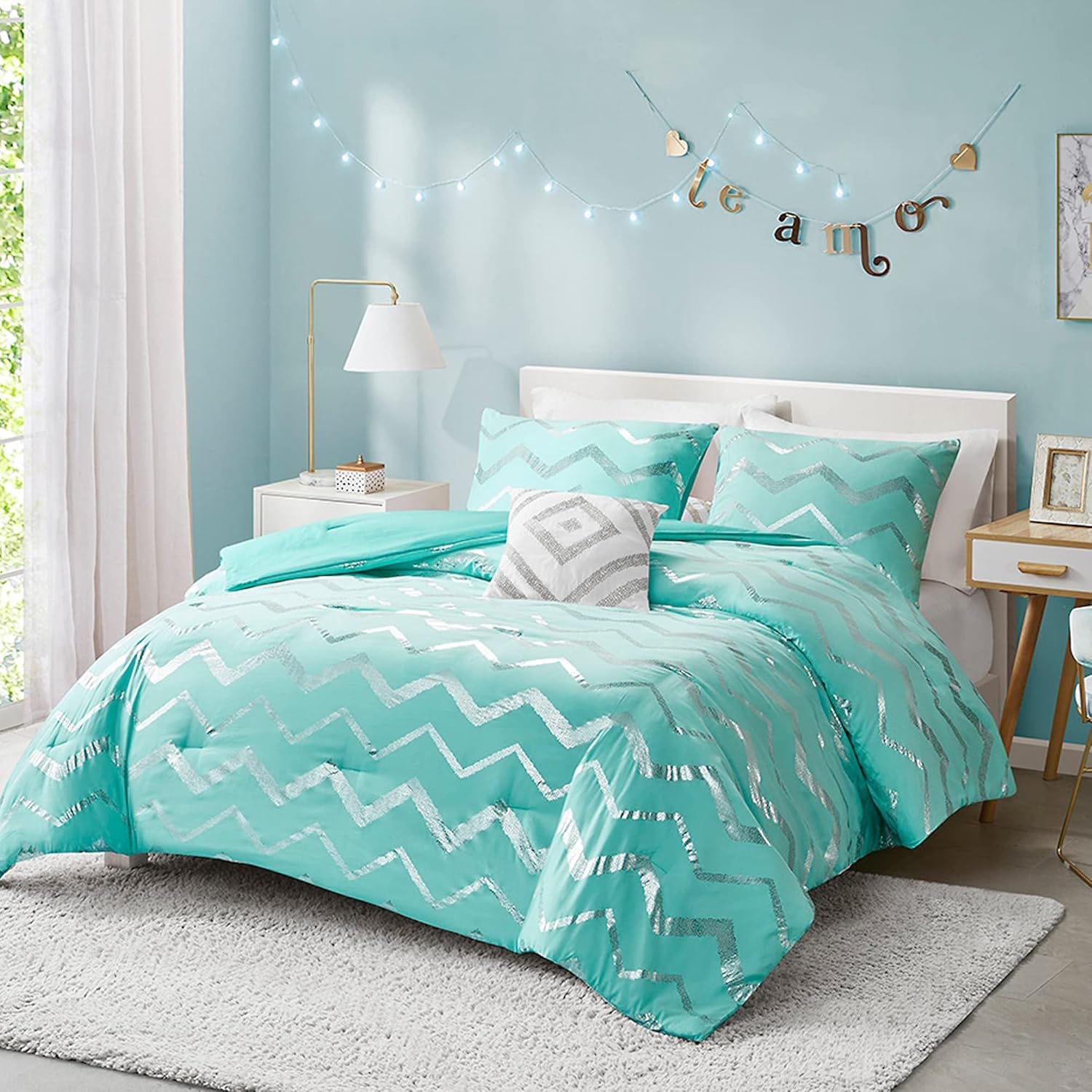Codi Metallic Teal and Silver Comforter Set , Full / Queen Size, Cute Aqua Turqu