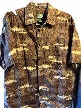 Cabelas Shirt Men’s L Button Up Brown Short Sleeve Fish All Over Print Cotton - £13.97 GBP