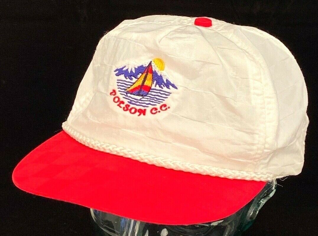Primary image for Vtg C.C. POLSON Hat-Leather Strapback-White Red-Rope Bill-Embroidered-Sail Boat