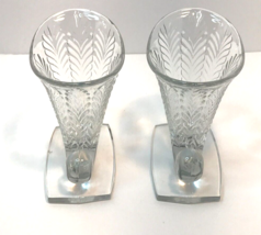 Cornucopia shape vase Two VTG Fostoria 1940&#39;s Feather Pattern Clear Glass MCM - £35.66 GBP