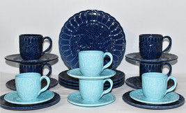 The Haldon Group Blue &amp; Turquoise 22pc Dinnerware Set Vintage Leaf Plates &amp; Mugs - £196.58 GBP