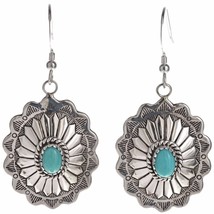 Turquoise Silver Concho Earrings Stamped Feathers Dangles Navajo Lenora Begay - £75.97 GBP