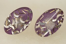 VINTAGE Costume Jewelry Purple &amp; Silver Moon Confetti Lucite Clip Earrings - £15.30 GBP