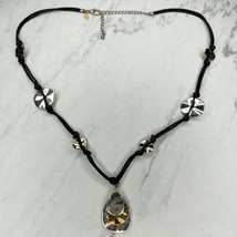 Chico&#39;s Black Double Cord Hammered Metal Silver and Gold Tone Pendant Necklace - £10.09 GBP