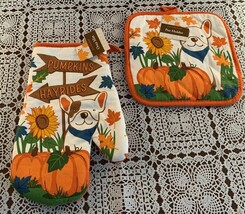 Autumn Themed Oven Mitt Pot Holder Set Boston Terrier Frenchie Dog Brand New NWT - £8.49 GBP