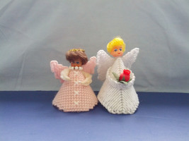 Vintage handmade two small doll head plastic canvas angels shabby chic h... - $25.04