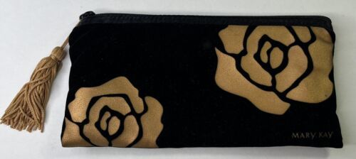 Mary Kay Vintage Black Velvet Make Up Bag Zipper  W Gold Rose/Tassle - $8.79