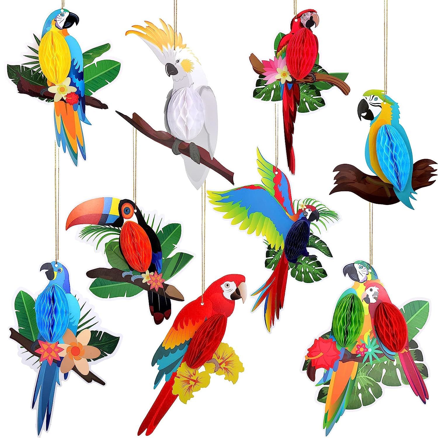 Primary image for 9 Pieces Tropical Birds Honeycomb Paper Cutouts Rio Luau Party Hanging Decoratio