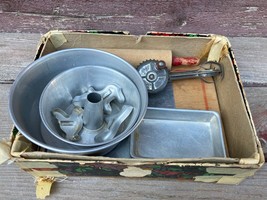 VTG Childrens Aluminum Dishes Dish Set w Box Cookie Cutters Rolling Pin ... - $29.65