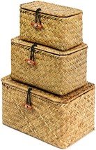 FEILANDUO Shelf Baskets with Lid Set of 3 Handwoven Seagrass Storage Box Wicker - £32.06 GBP