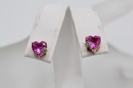 Fine 10K Yellow Gold Lab Created Pink Topaz Heart Shaped Stud Earrings w/ Accent - £74.22 GBP