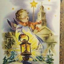 Angel Wings Holds Lantern Christmas Greeting Card Vintage Mid Century Mod - £5.23 GBP