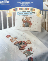Bucilla Blue Jean Teddy Bear Sheet &amp; Pillowcase Cross Stitch Kit Daisy Kingdom - £18.62 GBP