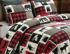 Queen Lodge Life 3pc Quilt Set Black Bear Paw Moose Deer Eagle Red Buffalo Check - £54.47 GBP