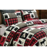 Queen Lodge Life 3pc Quilt Set Black Bear Paw Moose Deer Eagle Red Buffa... - £54.46 GBP