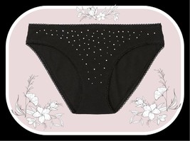 L    NOIR BLACK Scatter Rhinestone Stretch Cotton Victoria&#39;s Secret BIKINI Panty - £9.55 GBP