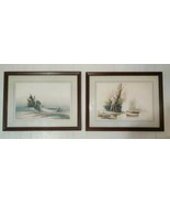 Two Vintage 1970s Framed Prints Winter Countryside Fishing Boat by M. Le... - £28.27 GBP