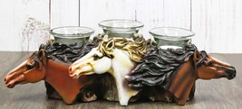 Rustic Western 3 Brown White Horses By Tree Logs Triple Votives Candle Holder - £23.58 GBP