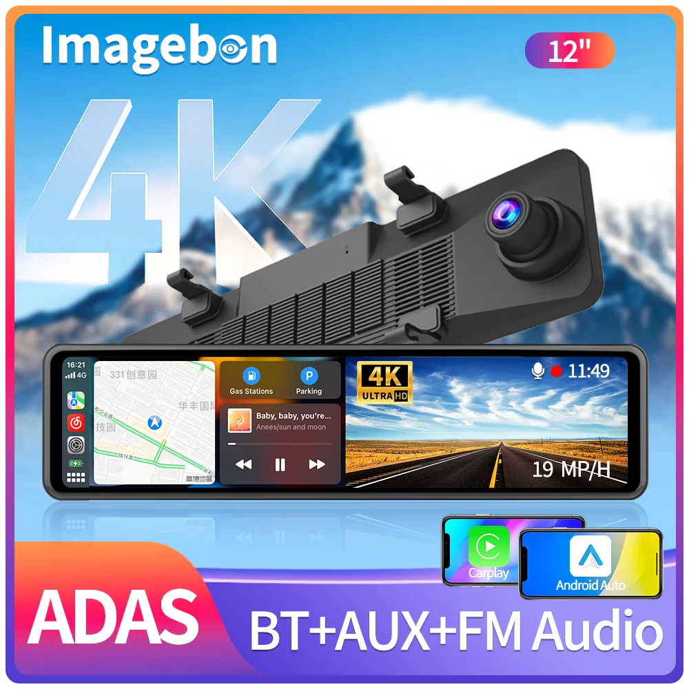 12&quot; 4K Dash Cam Wireless Car Play Android Auto Adas Car Dvr 5G Wi Fi Gps Fm 24h - £115.81 GBP+