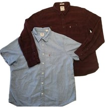 Levis Button Up Shirt Lot of 2 Mens XL Blue Denim Red Plaid Short Long S... - $21.10