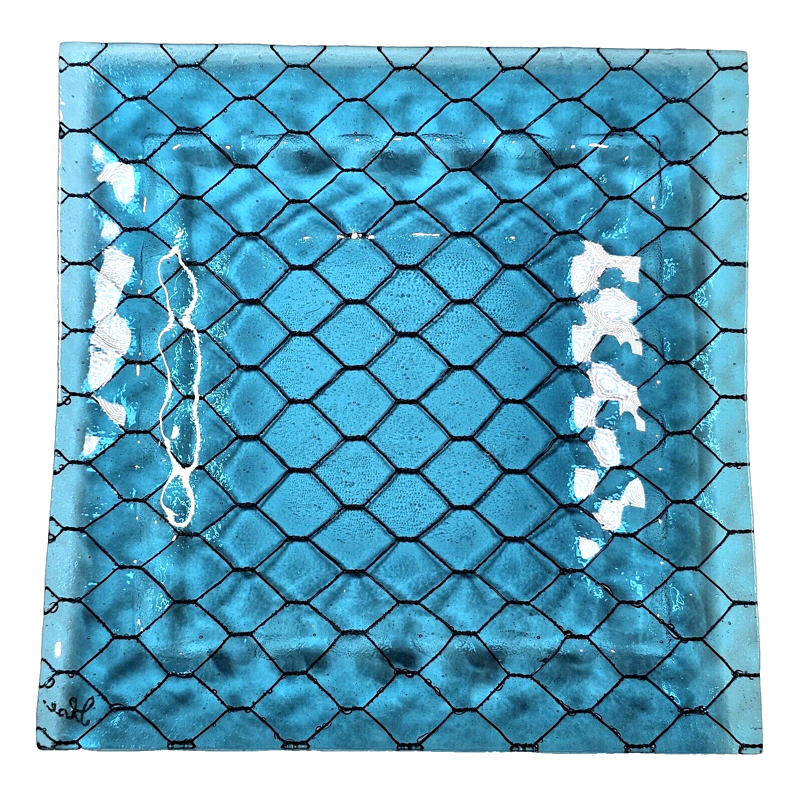 Vintage Modern Blue Chicken Wire Vintage Art Glass Dish Signed Square 8.... - $79.99