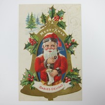 Vintage Christmas Postcard Santa Smoke Pipe Stocking Gold Bell Embossed Antique - £15.65 GBP
