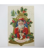 Vintage Christmas Postcard Santa Smoke Pipe Stocking Gold Bell Embossed ... - £15.68 GBP