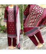 Pakistani Maroon Printed Straight Shirt 3-PCS Lawn Suit w/ Threadwork ,XL#1 - £40.35 GBP