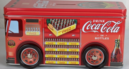 Coca Cola Truck Coin Bank Tin Metal Removable Lid Red - £15.77 GBP