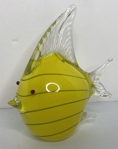 Blown Art Glass Tropical Angel Fish Yellow &amp; Black Lines Paperweight Vin... - £30.89 GBP