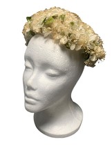 Vintage Floral Headpiece with Cream &amp; Green Flowers &amp; Faux Pearls Size 22 - $34.88