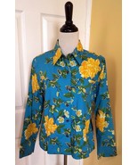 TANTRUMS Turquoise Blue/Yellow Sequined Floral Print Stretch Cotton Shir... - $14.60