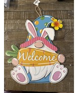 Easter Gnome &quot;Welcome&quot; Door Hanging Sign Plaque FLAWS ON FLOWER - $17.57