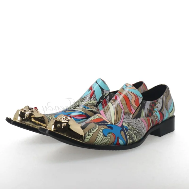 Colorful Graffiti Men Leather Shoes Metal Square Toe Engraved Oxfords Cu... - $208.95