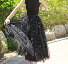 Black Sparkly Long Tulle Skirt Outfit Women Custom Plus Size Layered Tulle Skirt image 5