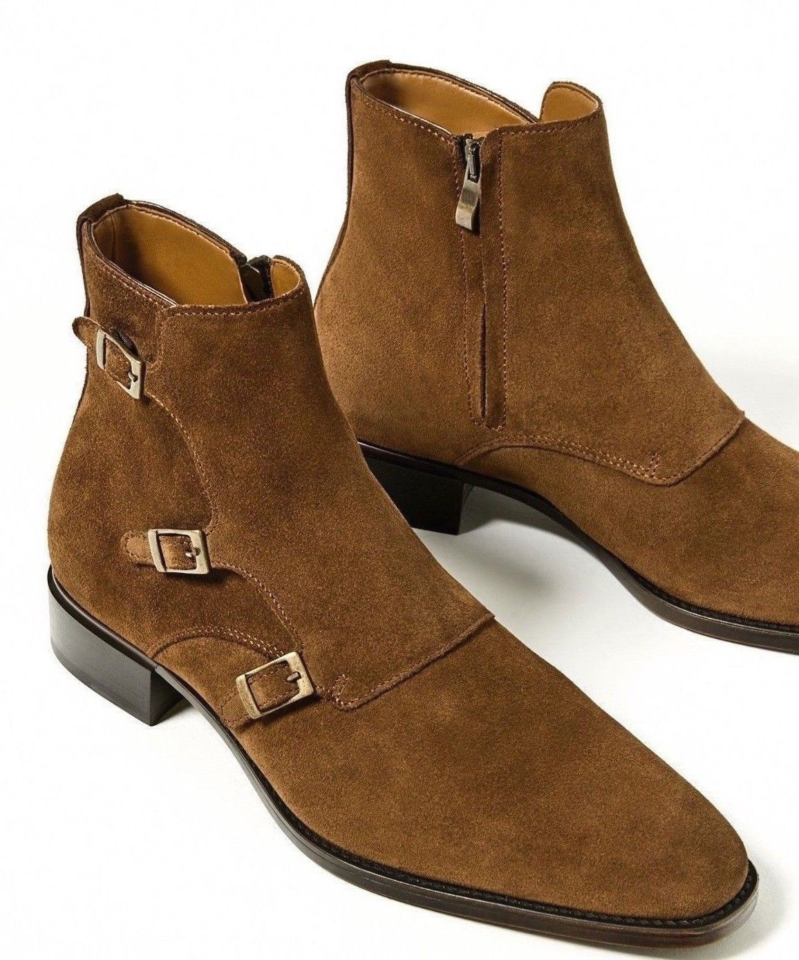 Men Brown Monk Triple Buckle Strap Side Zipper Suede Leather Ankle Boots US 7-16