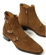 Men Brown Monk Triple Buckle Strap Side Zipper Suede Leather Ankle Boots... - £125.33 GBP
