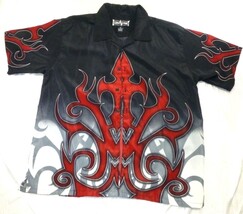 Steve &amp; Barrys Club Shirt Red Tribal Flames Black Button-Up Short Sleeve... - $19.92 CAD
