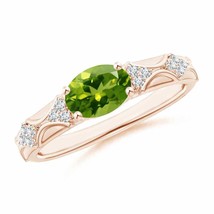 ANGARA Oval Peridot Vintage Style Ring with Diamond Accents in 14K Gold - £949.23 GBP