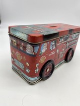 Vintage Fire Truck Metal Tin Coin Bank Moving Wheels  8 x 4 x 3&quot; - £7.96 GBP