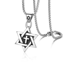 Jewish Star of David Messianic Cross Pendant Necklace Stainless Steel Chain 24" - £9.46 GBP