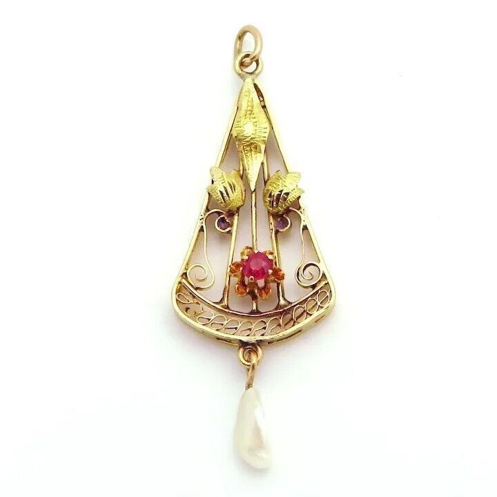 Primary image for Antique 10K Gold Art Nouveau Ruby & Fresh Water Pearl Lavalier Pendant